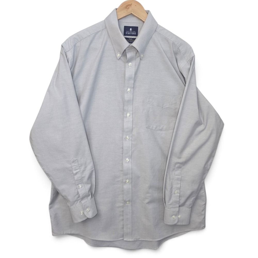 Stafford Mens Dress Shirt 17 34/35 Gray Long Sleeve Wrinkle Free Oxford Career